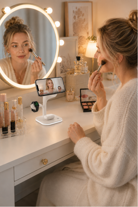 A woman follows a makeup tutorial on her phone while using an EXW 3-in-1 wireless charging station to charge her phone, smartwatch, and earbuds on an organized vanity.