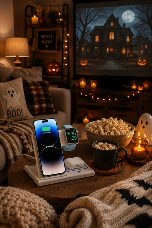 Warm cozy bedroom with a dark wood bed, cream and beige layered bedding, lace curtains, soft lighting, books, flowers and a compact white 3-in-1 wireless charger placed naturally on the windowsill.