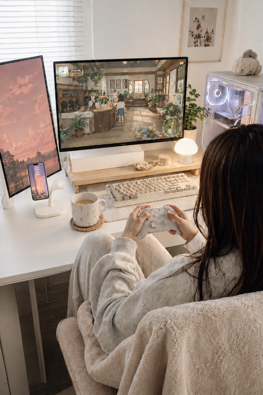 A woman relaxing in a soft chair while playing a cozy life simulation game at a cream-colored gaming desk with dual monitors, a keyboard, warm desk lighting, a PC and a white wireless charging stand.